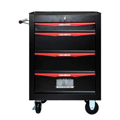 4 Tool Chest - 20" Bearing Slide Cabinet, Steel Storage Organizer In Black&Red, With 4 Swivel And Key Lock Rolling Cabinet With Drawers Slides, Metal, Universal Wheels, Extra Area