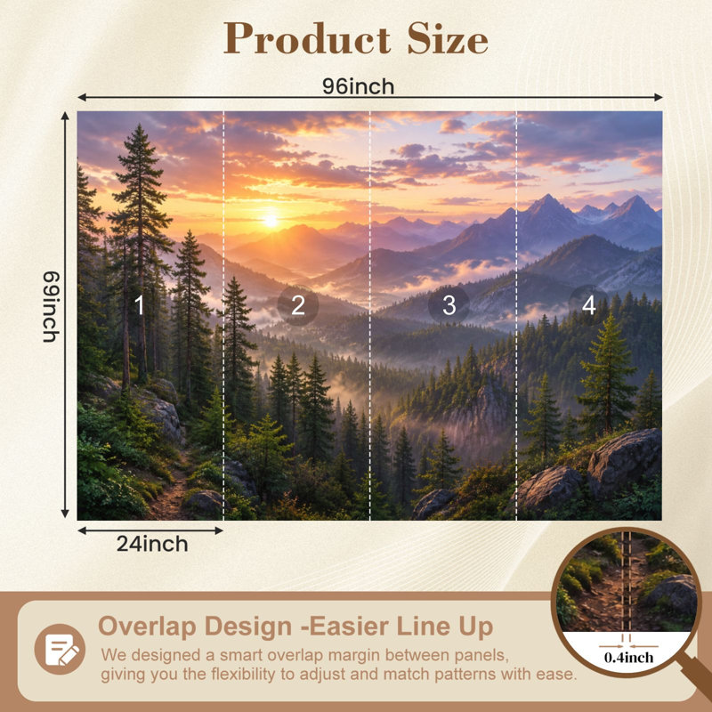 Papier peint adhésif auto-adhésif Sunrise Misty Pine Forest Mountain, L 69 po x l 96 po