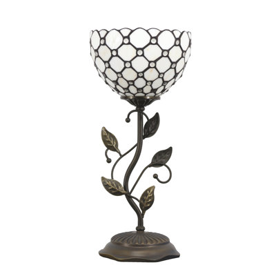 Tiffany Lamp Stained Glass Table Lamp Uplight Accent Lamp with Metal Leaf Base Cream Bead Style