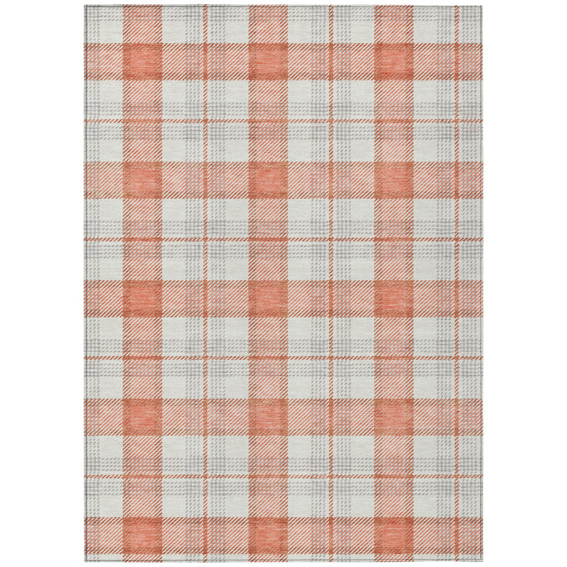 Coral and White Plaid Washable Synthetic Rug 2'6" x 3'10"
