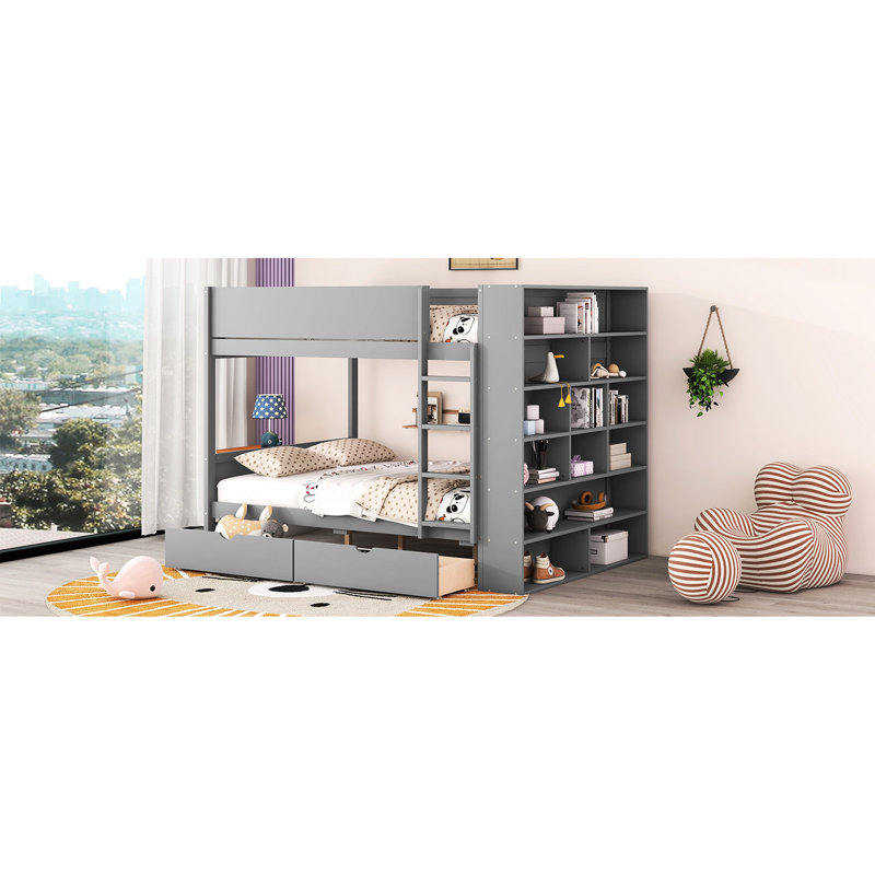Lit double superposé au-dessus gris avec 2 tiroirs et une armoire - Économisez de l'espace, améliorez le confort, convient aux enfants de 6 ans et plus, tous les outils sont inclus.