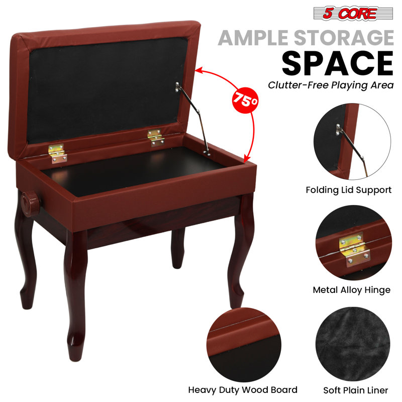 5 Core Piano Bench 3" Padded Cushioned Stool Wooden Heavy Duty Adjustable Musician Chair w Storage, Dark Brown