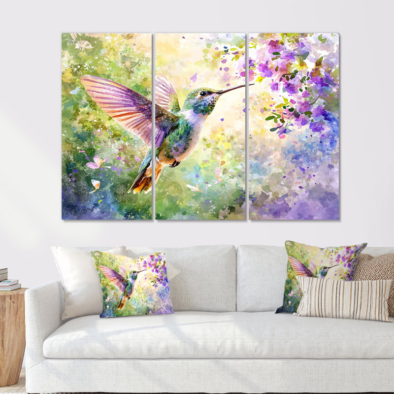Ensemble de salon avec colibris Curious Meadows II - Hummingbird Wall Art, H 40 po x l 60 po, Toile tendue, Ne s’applique pas