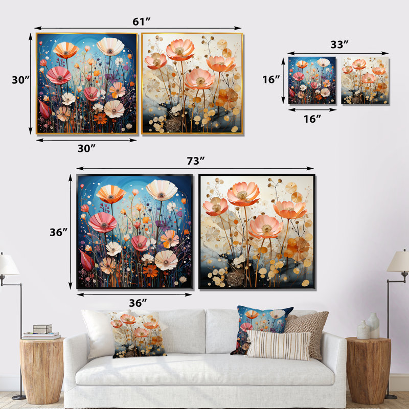 Blue Enchanted Gardens V - Ensemble de 3 collages floraux carrés, Cadre flottant noir, H 16 po x l 33 po