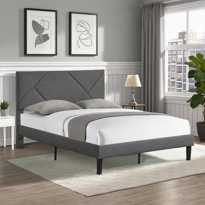 Full Double Size Upholstered Platform Bed, Solid Wood Slat Support Neutral Gray Fabric Frame, No Box Spring Needed
