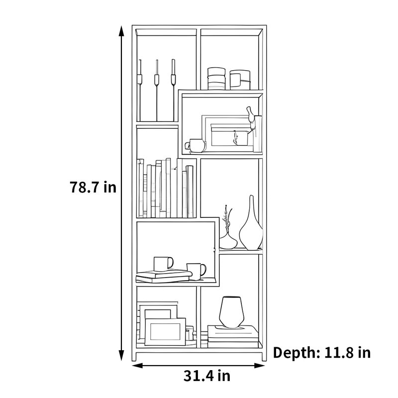 Bibliothèque créative et tendance, Noir / brun, (7 tablettes) H 78,7 po x l 31,4 po x P 11,8 po