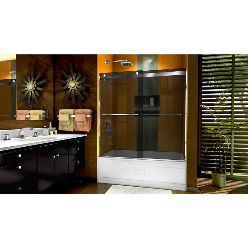 Porte de baignoire demi-cadre sans cadre Sapphire l 56 po x H 60 po avec technologie ClearMax, Chrome / gris fumé