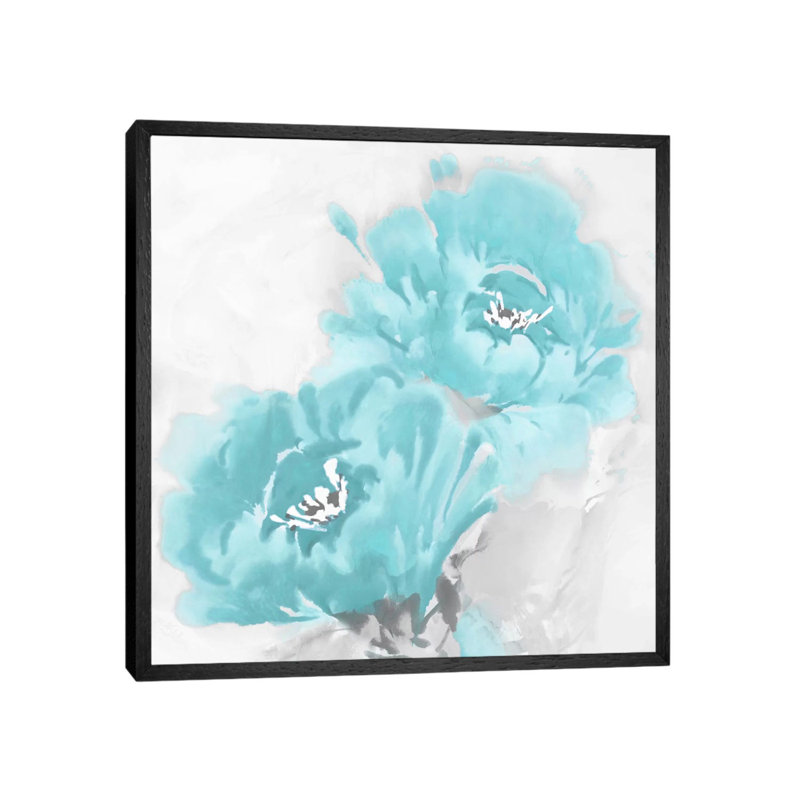 Flower Bloom In Aqua I by Jesse Stevens - Print on Canvas, 66.04 cm H x 66.04 cm W, Black Floater Framed