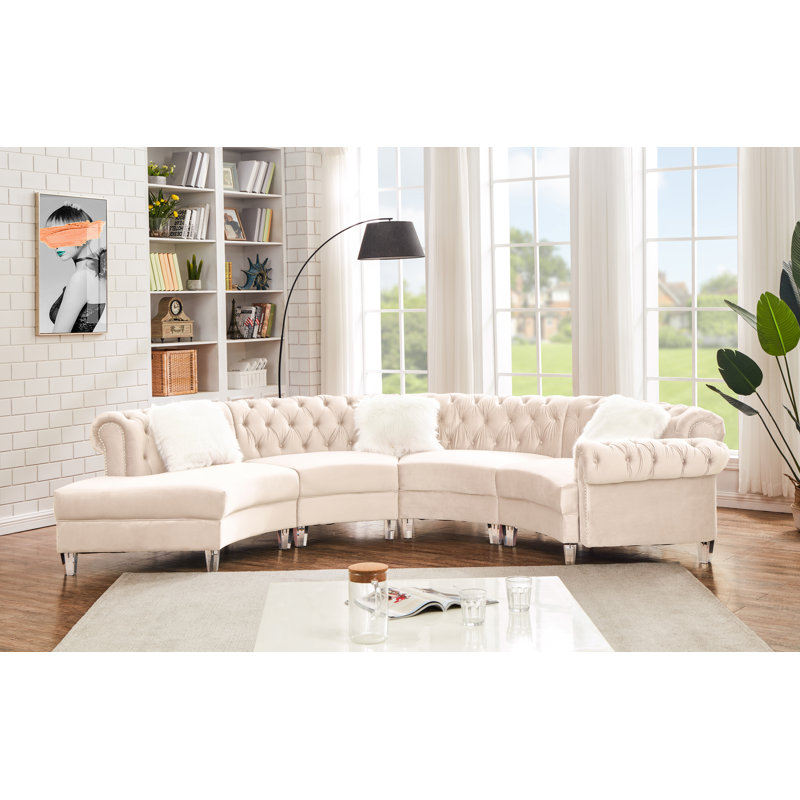 Dikkie 139" Wide Velvet Symmetrical Modular Seating Component, Beige Velvet