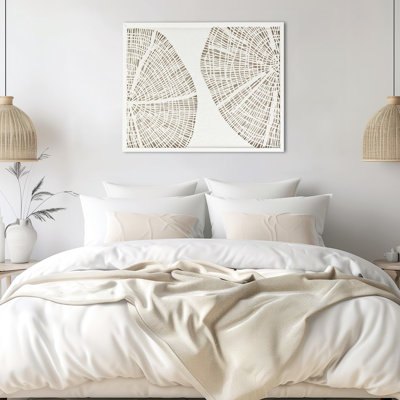 Ornement mural abstrait en forme de riz côtier abstrait l 25,08 po x H 31,26 po, fait à la main, protégé par du verre et un cadre, blanc
