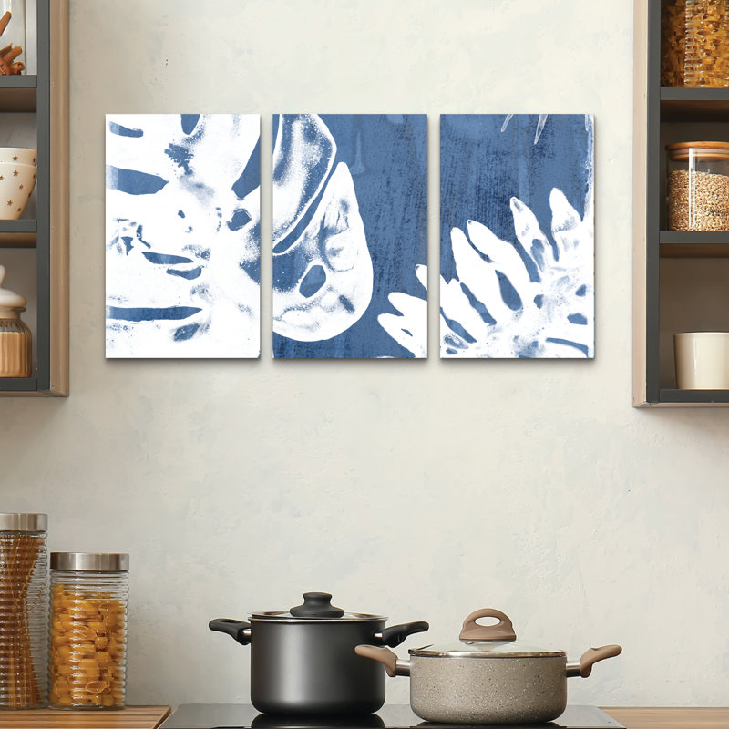 Ensemble de 3 panneaux d'art mural - "Tropical Indigo Impressions I" par June Erica Vess pour décoration de salon, de chambre à coucher ou de bureau 