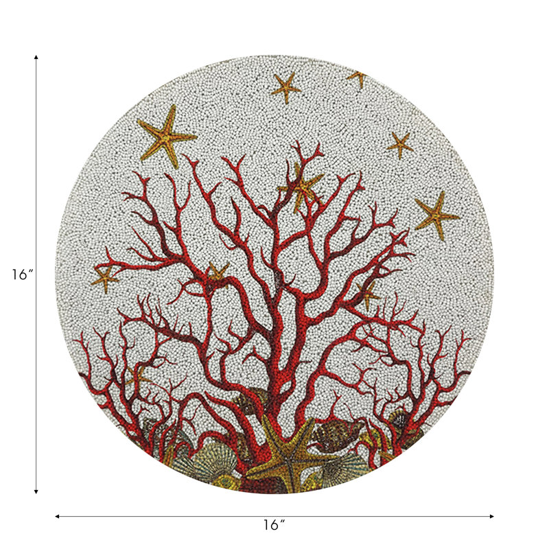 Coral Reef Vegan Leather Round Beaded Placemat, White Red