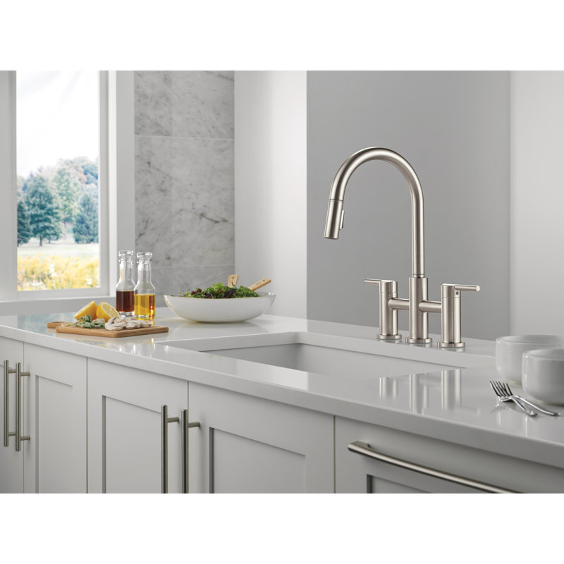 Nicoli Brushed Nickel Kitchen Faucet with Pull Down Sprayer, Bridge Modern Kitchen Sink Faucet, Two-Handle, Stainless Steel