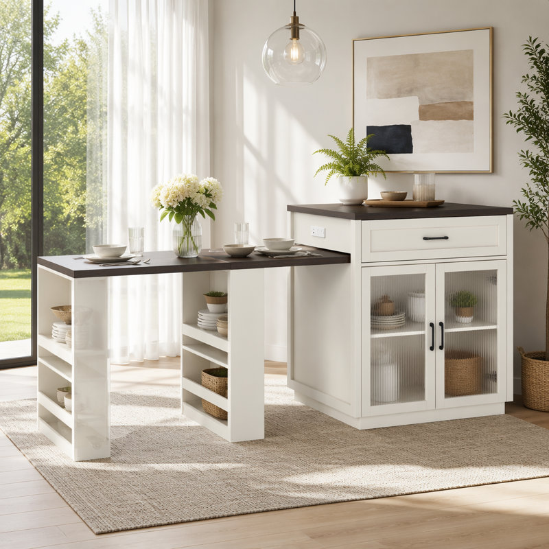 Îlot de cuisine 83,1 po avec table coulissante et supports de rangement pour 2 à 6 personnes, îlot de cuisine avec portes en verre trempé
