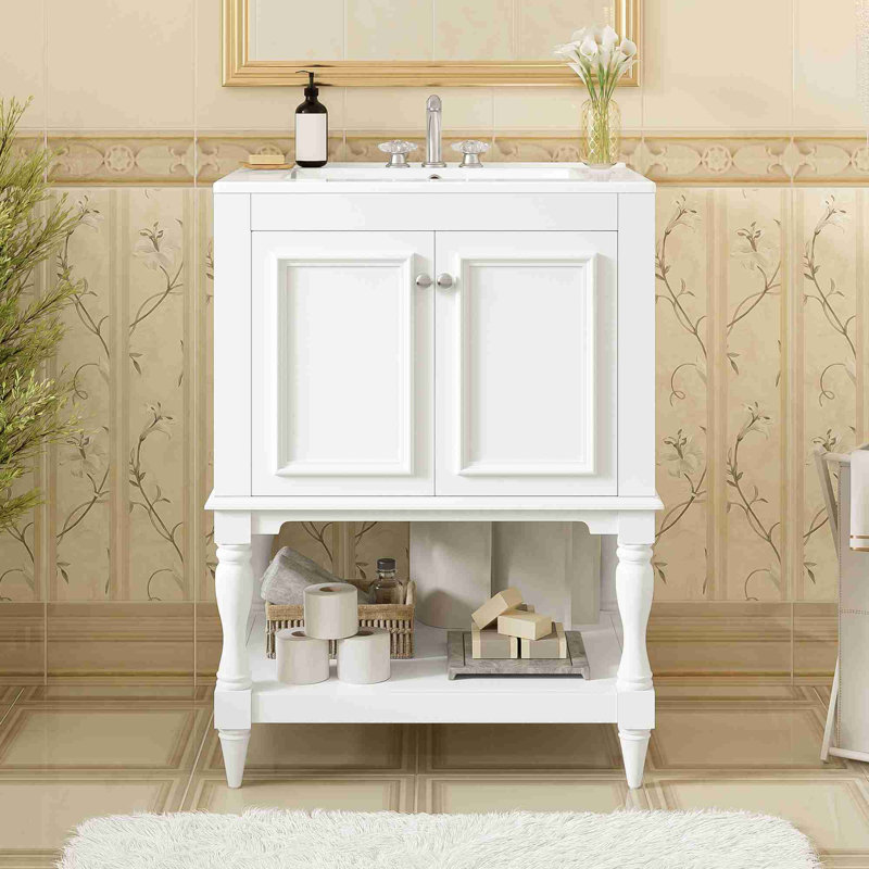 Meuble-lavabo de salle de bain avec rangement, Argent, Blanc