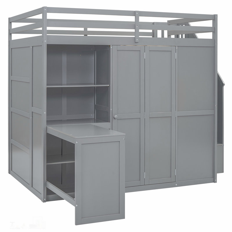 Full Size Loft Bed With Wardrobe,Desk And Shelves, Gris