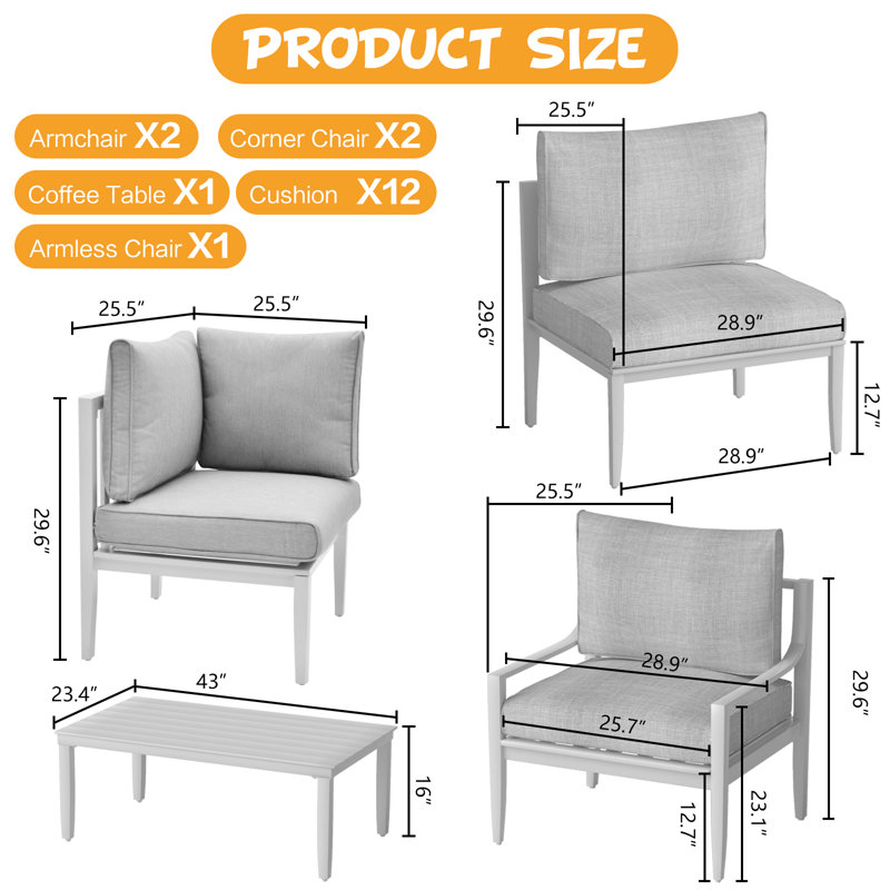 Patio Furniture Set With Cushion, 6 Pcs Aluminum Outdoor Sectional Sofa Set With Chair, Table | All Weather Use Modular Seating Conversation Set For Poolside Backyard, Frame With Cushion