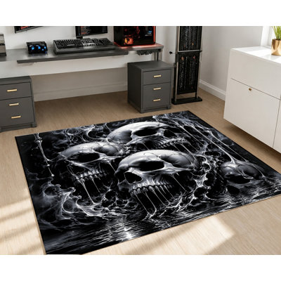Tapis à motif de crâne gothique, motif abstrait de crâne abstrait fantaisiste, artistique audacieux, lavable à la machine, envers antidérapant, tapis intérieur unique pour le salon, la chambre à coucher, l'appartement, le sous-sol, le garage