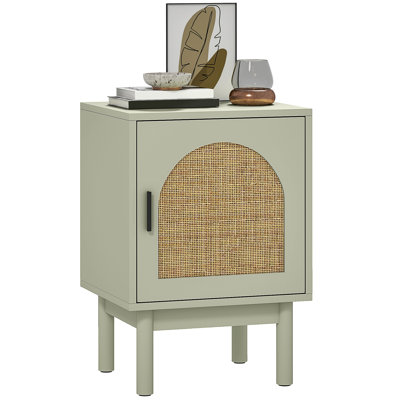 HOMCOM Rattan Bedside Table Adjustable Shelf, Solid Wood Legs, Light Green