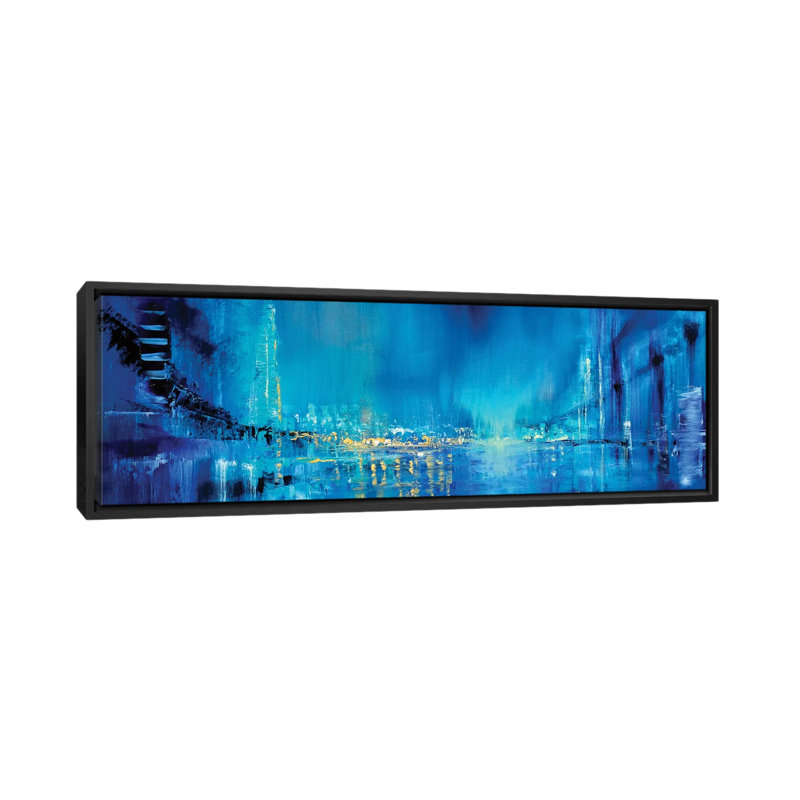 Seagulls Over The Bridges by Annette Schmucker - Floater Frame Panoramic Print on Canvas, Black Framed