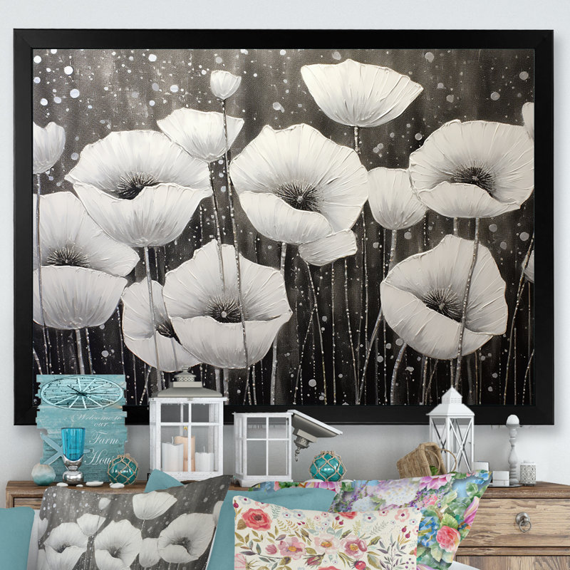 Coquelicots gris argent sérénité, H 34 po x l 44 po x P 1,5 po, Cadre simple noir