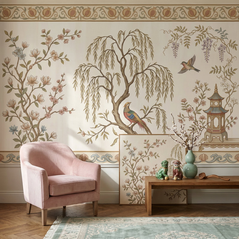 Papier peint vert discret Sage Chinoiserie, 140 po x 108 po, Texturé non collé