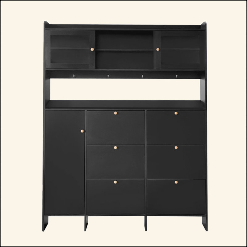 25-30 Pairs 3-in-1 Multifunctional Tipping Bucket Shoe Cabinet – 6 Flip Drawers, 4 Hooks & Tempered Glass Doors, Hall Tree Foyer Cabinet for Hallway
