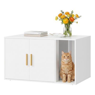 Enceinte de litière moderne pour chat avec portes de rangement, table d'appoint cachée pour chat, salle de bain en bois pour animaux de compagnie avec poignées dorées pour petits chats moyens