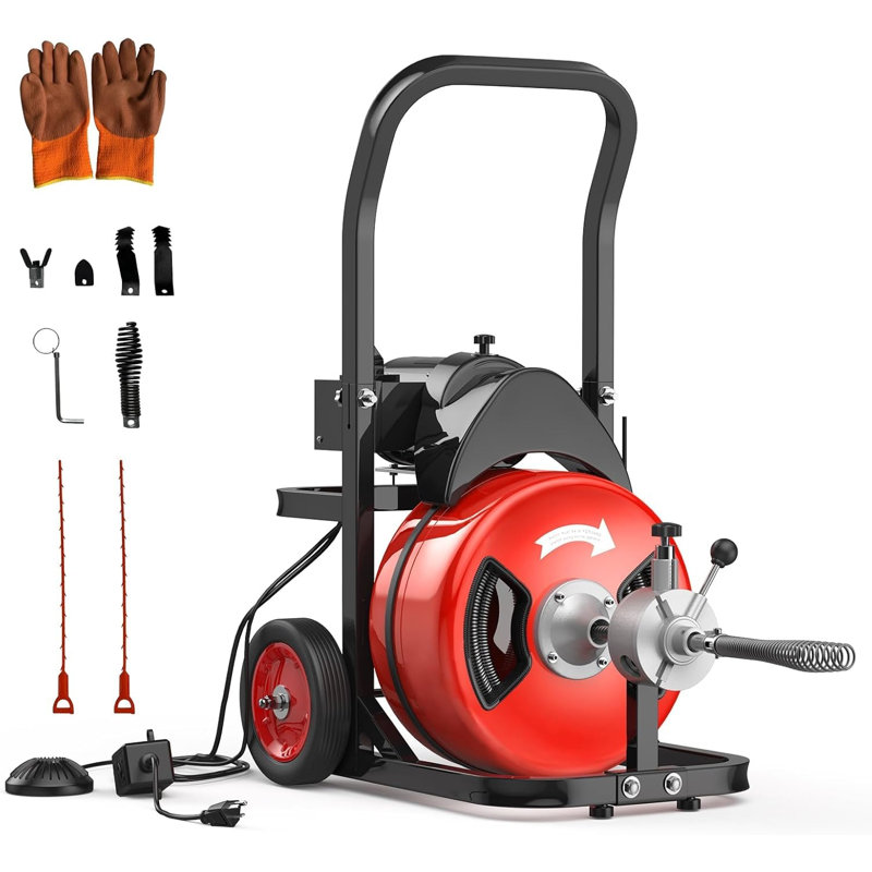100FT x 3/4" Drain Cleaning Machine with Auto Feed, 6 Cutters, Foot Switch and Wheels for 4" to 8" Pipes, Red