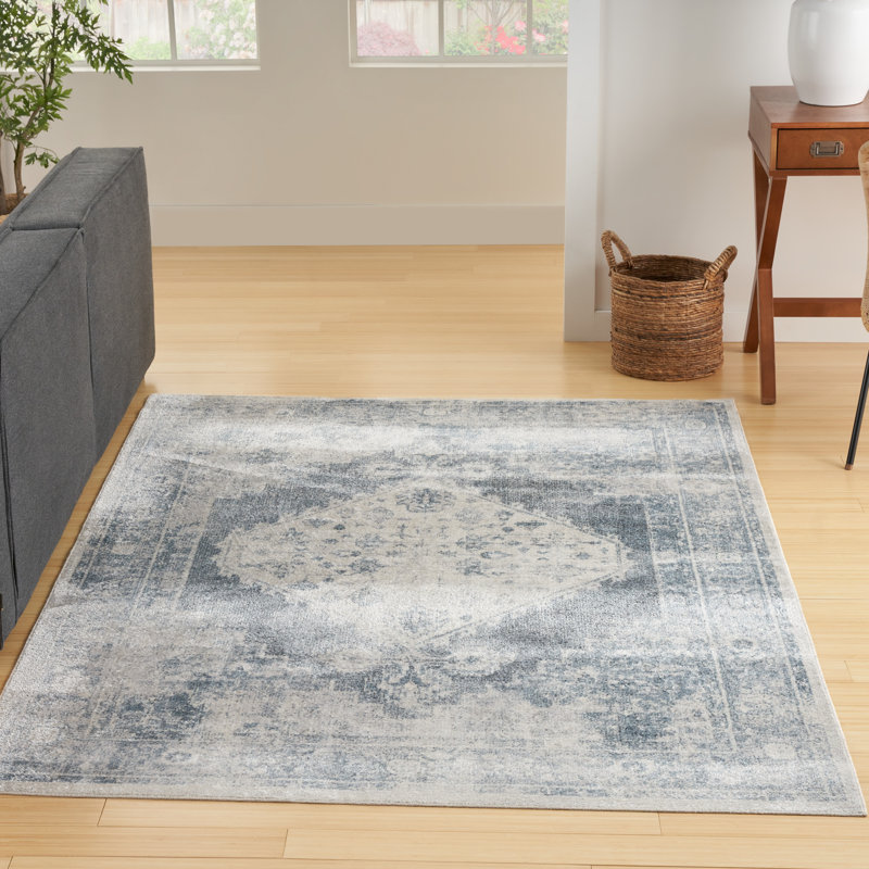 Privette Machine Washable Persian Blue/Ivory Area Rug, Rectangle 6'7" x 9'