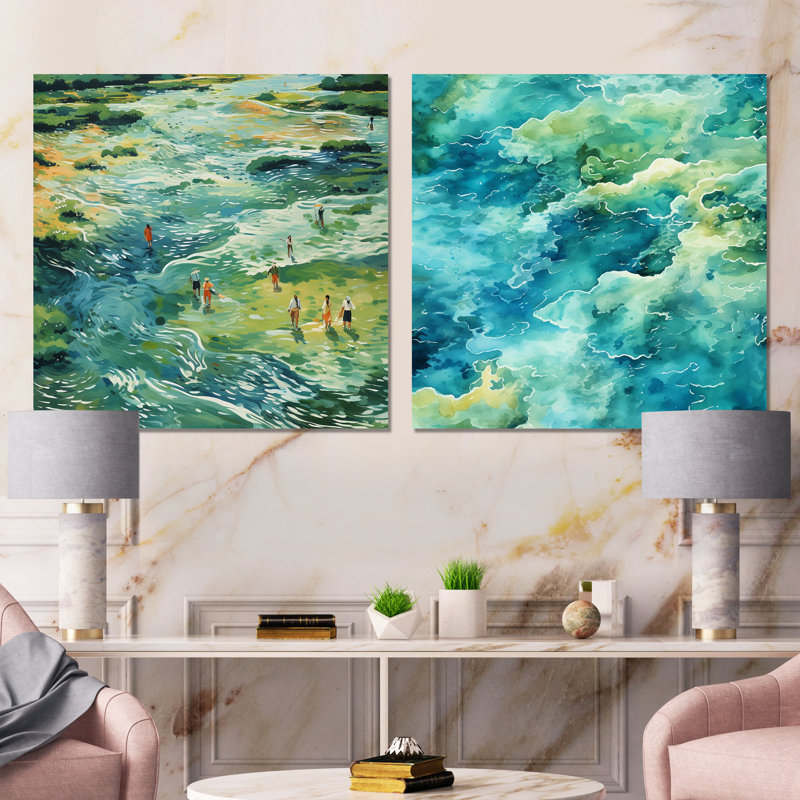 «Green Peaceful Tide Pools I - Coastal Minimalisme», ensemble de 2 reproductions d'art mural, Toile tendue