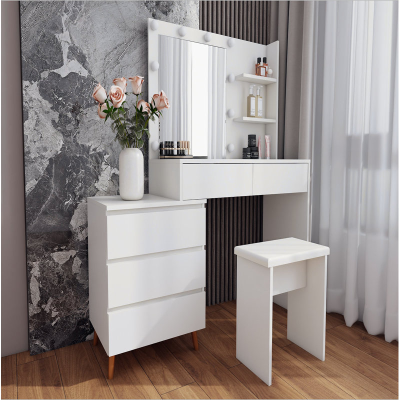Coiffeuse, ensemble de coiffeuse avec miroir et lumière, beaucoup de rangement pour coiffeuse avec multiprise, 3 modes d'éclairage avec luminosité réglable, 37 pouces