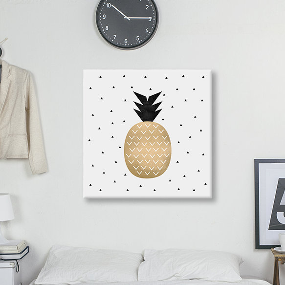 « golden ananas »-impression sur toile tendue, H 18 po x l 18 po x P 1,5 po, Toile avec cadre noir, Pas de tapis