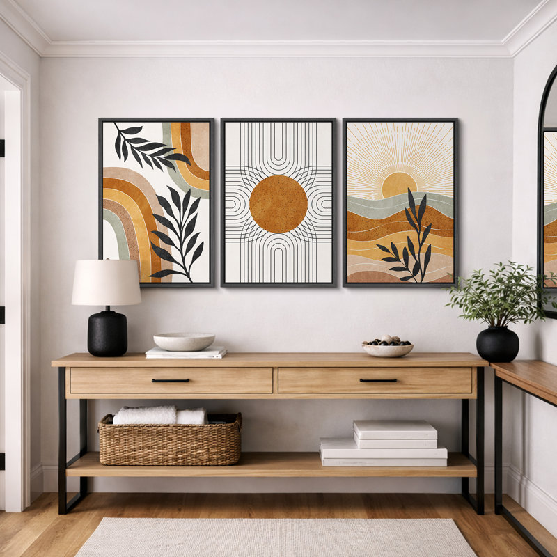 Mid Century Modern Boho "Western Orange Brown Sun Artwork, Abstract Vibrant Plant Pictures, Framed Canvas 3 Pieces Giclee Print Wall Art" 16"x24"x3 pcs, 24"x36"x3 pcs