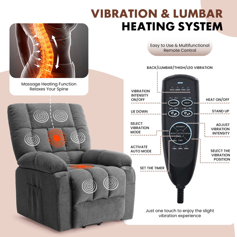 Alcina 39.3" Oversized Power Lift Assist Chair - Heated Massage Electric Recliner with Super Soft Padding & Storage Pockets, 2 Recliners