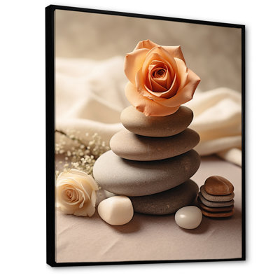 «Pink Rose on Zen Stone Cairn Sculpture», reproduction sur toile