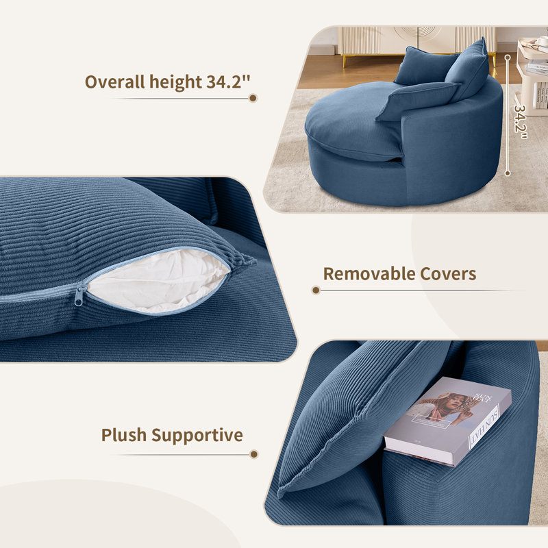57" Corduroy Swivel Chair – Compression-Filled Deep Seat, 360° Rotate, Blue