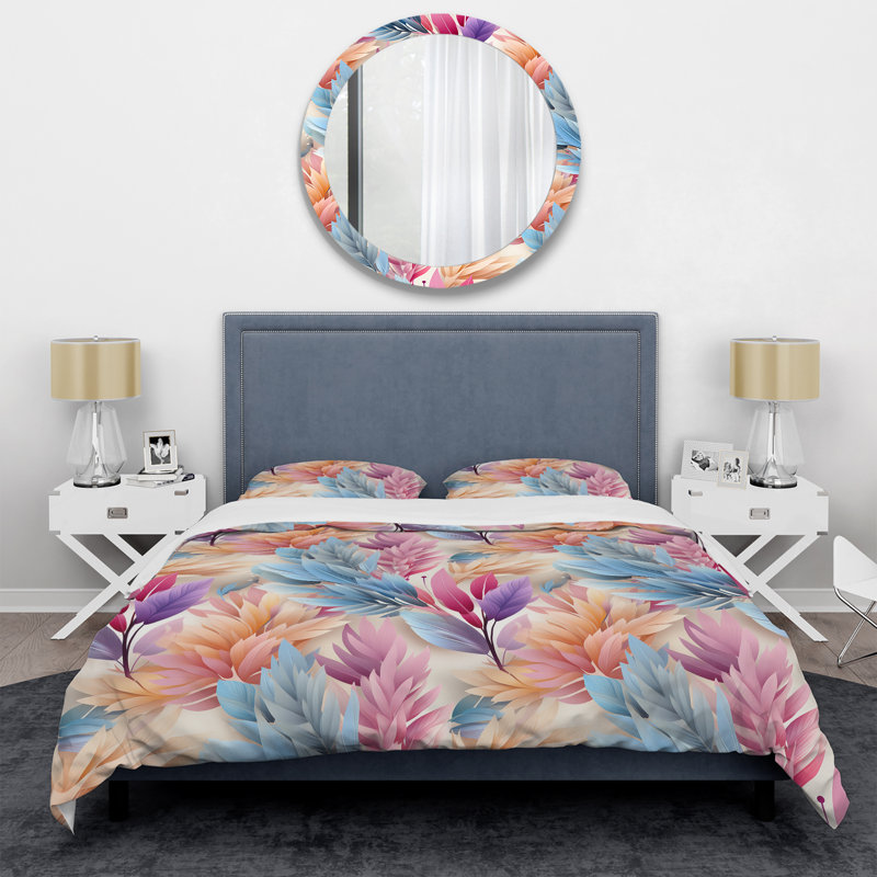 Motif de fougères bohémiennes roses et bleues - Ensemble de housse de couette floral - Polyester microfibre