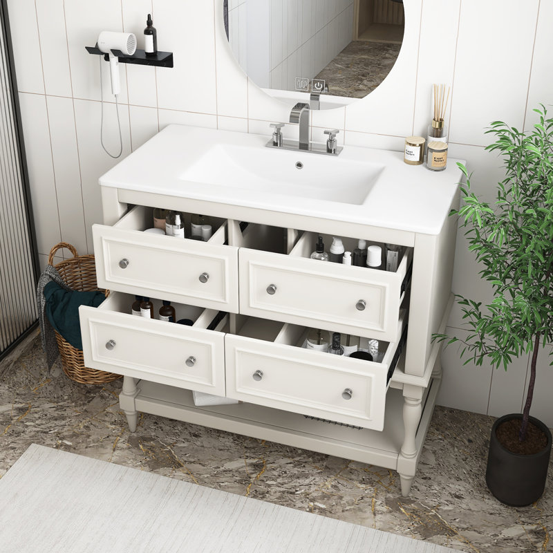 Ensemble de meuble-lavabo beige avec ensemble de meuble-lavabo, lavabo en céramique, ensemble de meuble-lavabo autoportant avec 4 tiroirs, armoire de salle de bain avec cadre en bois massif