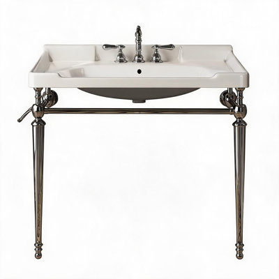 36 inch Chrome and White Ceramic Wall Mounted Bathroom Console Sink with Stainless Steel Support Legs and Towel Bar