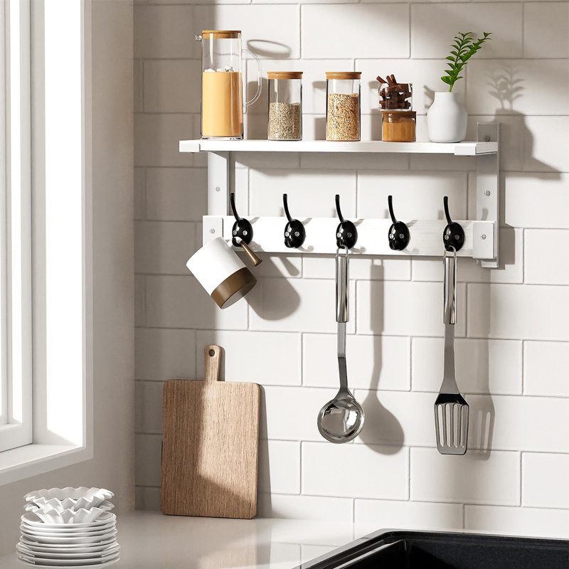 Coat Rack Wall Mount with Shelf, White