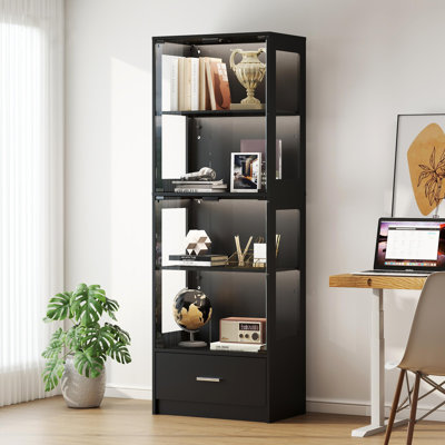 Minimalist Modern Style 5-Tier Glass Display Cabinet with LED Lights & Adjustable Shelves & 1 Drawer, Curio Cabinet for Home & Office by Ningbo xiangshu dianzishangwu youxiangongsi