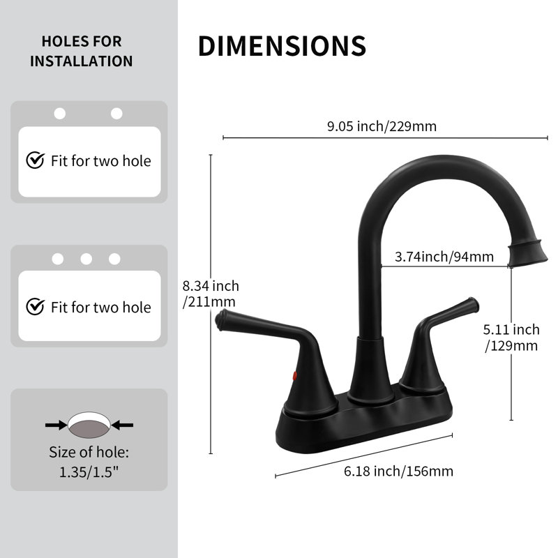 4 Inch 2-handle Bathroom Sink Faucet with Drain Assembly, Black