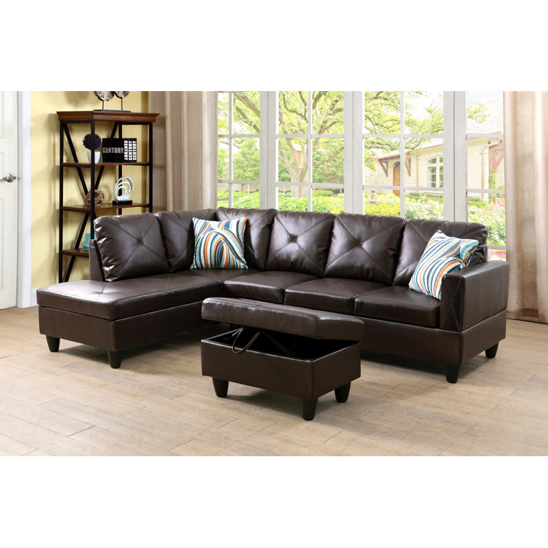 Faux Leather L-Shaped Sectional Left Hand Facing, Brown Faux Leather