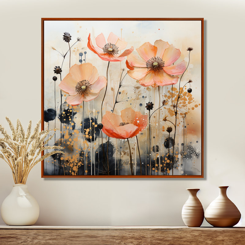 «Peach Blossoming Abstractions I», art mural abstrait sur toile, Cadre simple noir, H 30 po x l 30 po x P 1 po