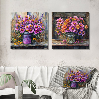 Garden Purple Daisies At The Farm I - Daisies Wall Art - Traditional Wall Art For Living Room 2 Piece
