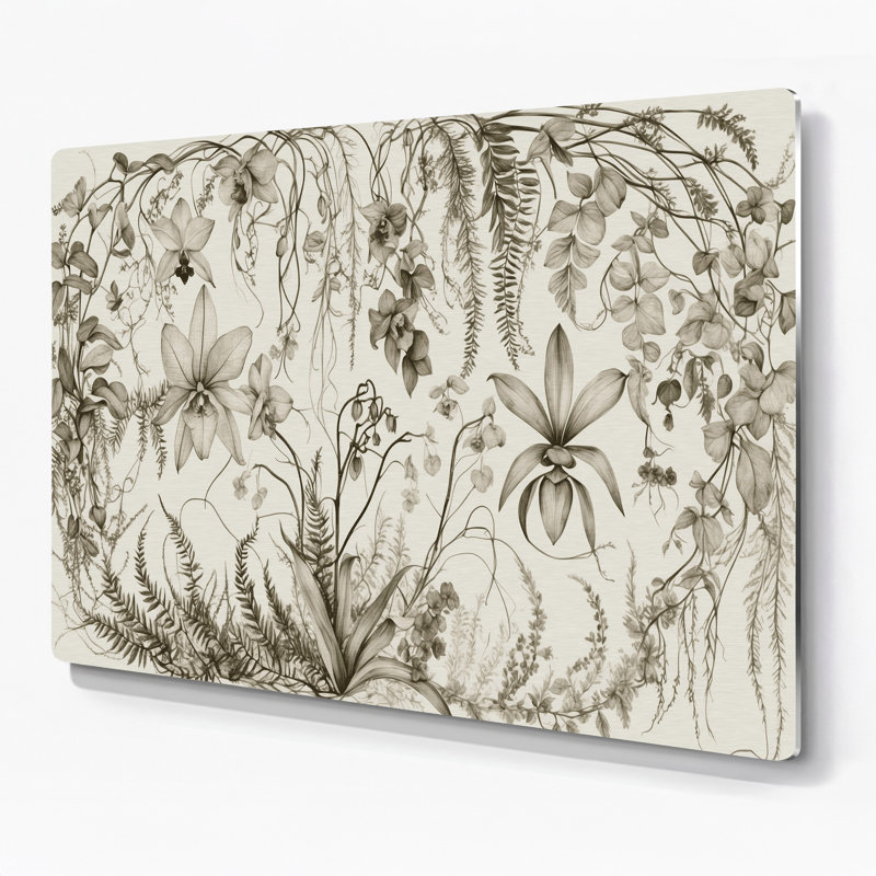 Dessin au trait botanique, art mural beige en métal, H 11 po x l 14 po