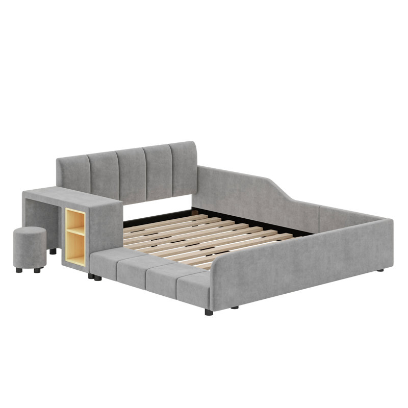 Upholstered Grounded Bed, Child Bed With Bedside Desk And Little Round Stool, Gray, Full