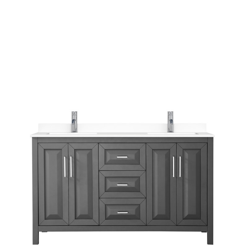 Daria 60'' Double Bathroom Vanity with Carrara Marble Top, White Cultured Marble, Dark Gray, Polished Chrome