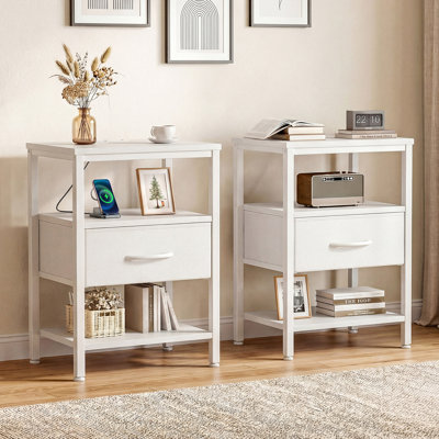 Nightstand with Built-in Charging Station, Bedside Table with Adjustable Fabric Drawer and 3-Tier Storage End Table